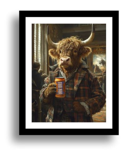 Highland Cow drinking Irn-Bru UNFRAMED PRINT Humourous Scottish Art