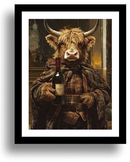 Highland Cow with a bottle of red wine UNFRAMED PRINT Humourous Scottish Art