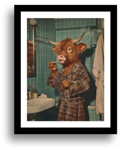 Highland Cow brushing his teeth UNFRAMED PRINT Humourous Scottish Art