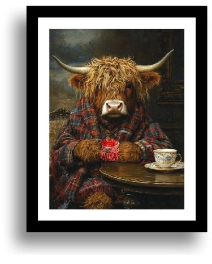 Highland Cow with a Tunnocks Tea Cake UNFRAMED PRINT Humourous Scottish Art