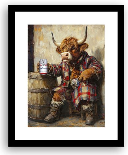 Highland Cow with a hangover drinking Budweiser UNFRAMED PRINT Humourous Scottish Art