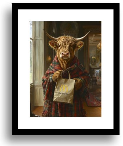 Highland Cow with a McDonalds take away UNFRAMED PRINT Humourous Scottish Art